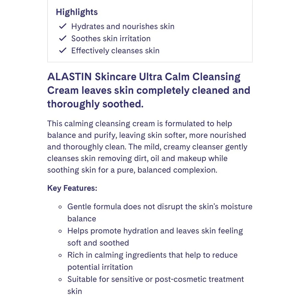 Alastin Skincare Ultra Calm Cleansing Cream 5oz‎ 148ml Soothing Facial Cleanser